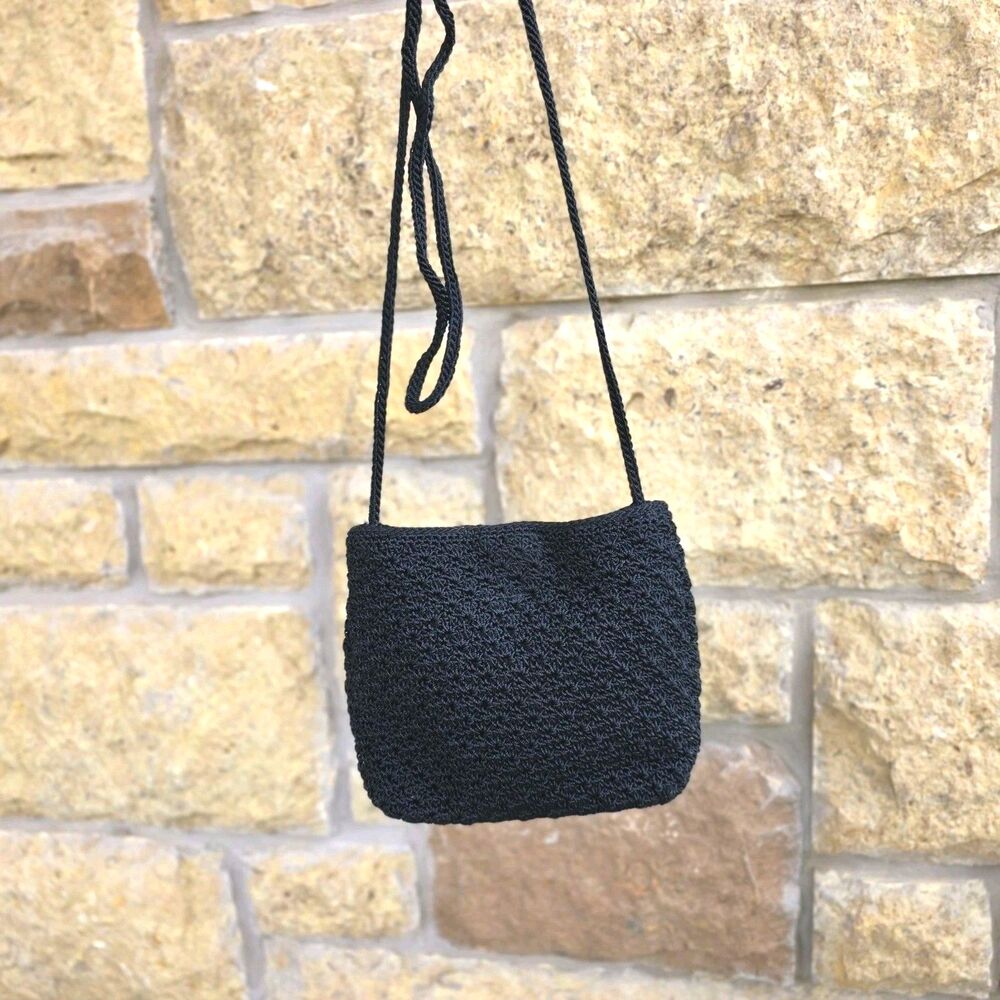 Vintage THE SAK Black Crochet Crossbody Shoulder Purse Small Boho Zip Handbag